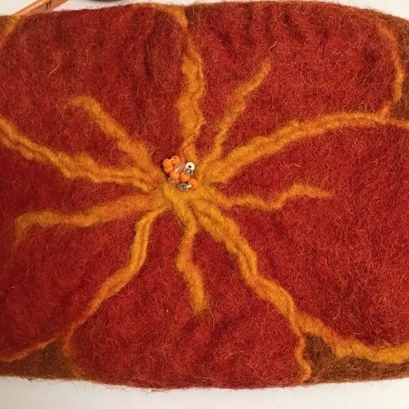 Artisan Wool Felt Orange Red Hibiscus Flower Zip Coin Purse 4x6” Hawaii Pom Pom - Picture 6 of 8